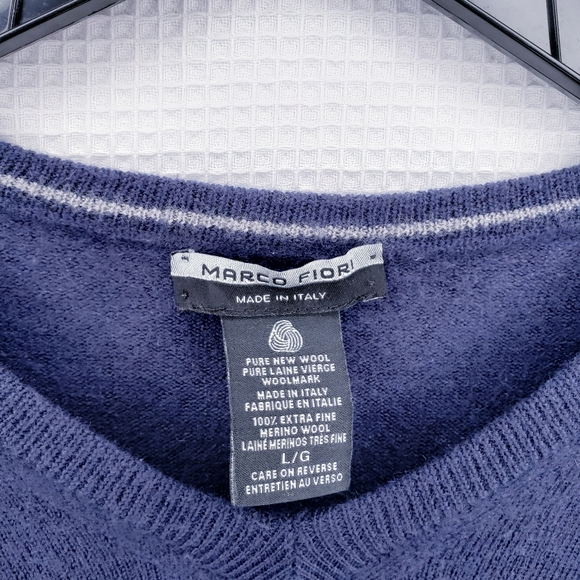 100% Merino Marco Fiori Italy Men's Lg Wool Navy Pullover Sweater - Picture 3 of 4